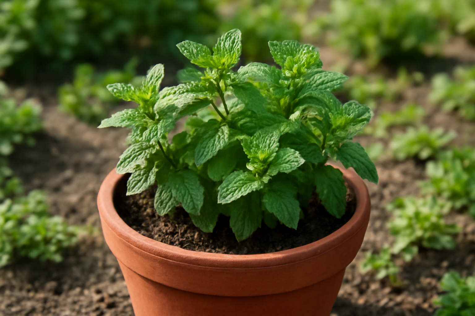 Friss menta növény egy terrakotta cserépben, zöld levelekkel.