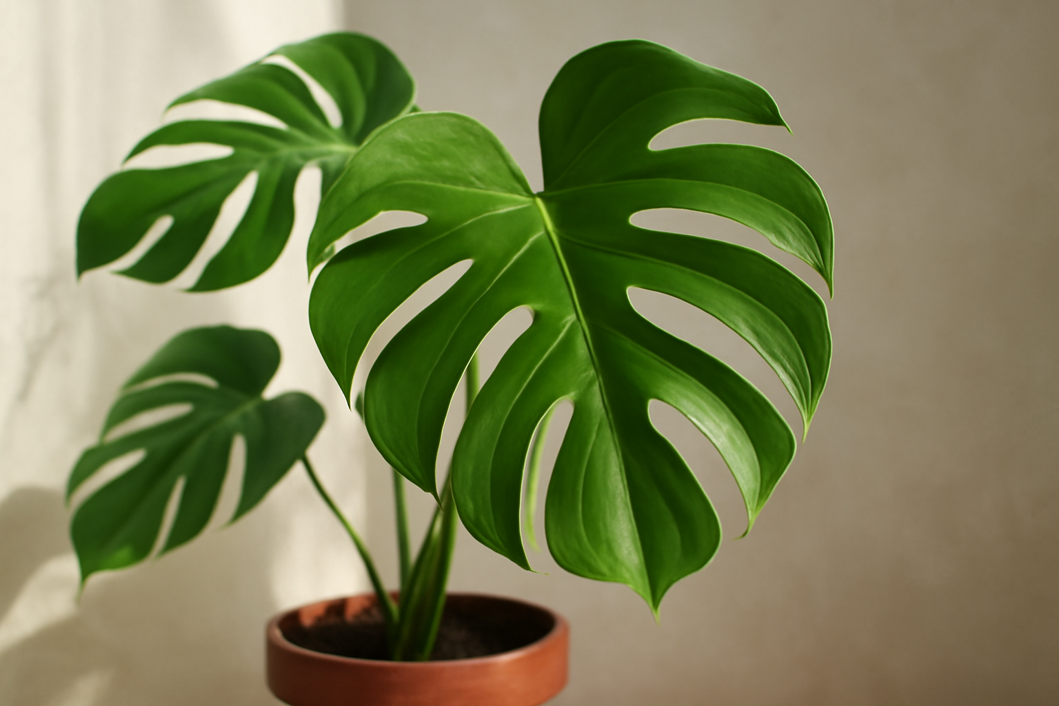 Egy egészséges monstera növény, nagy, zöld levelekkel, világos háttér előtt.