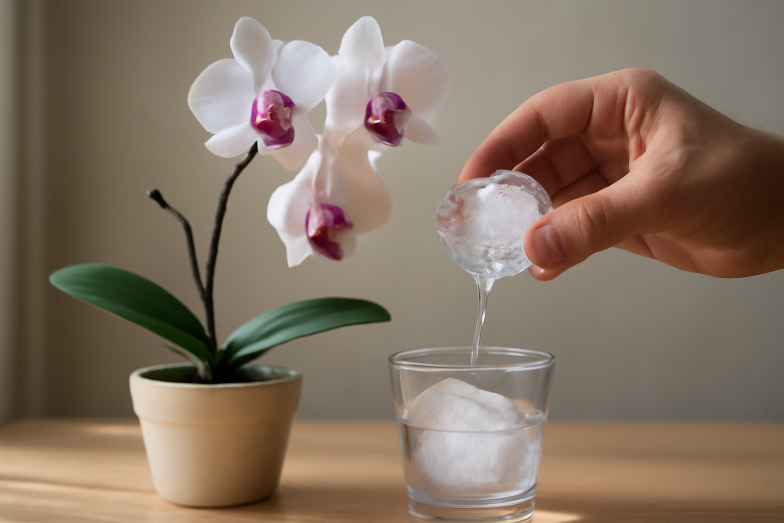 Egy kéz jégkockát tart, miközben egy orchidea virágzik a háttérben.