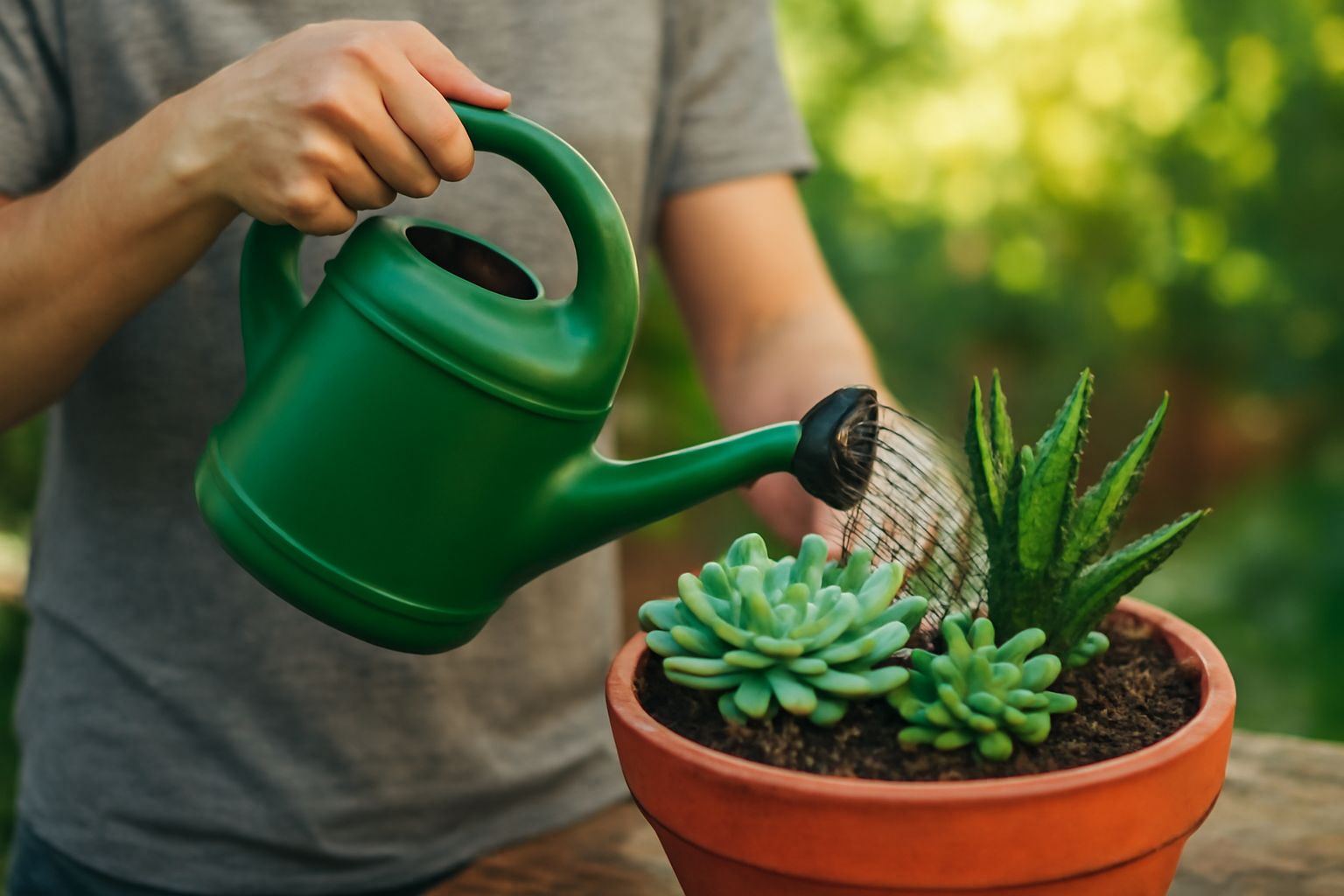 Zöld öntözőkannával locsolják a szukkulenseket egy cserépben.