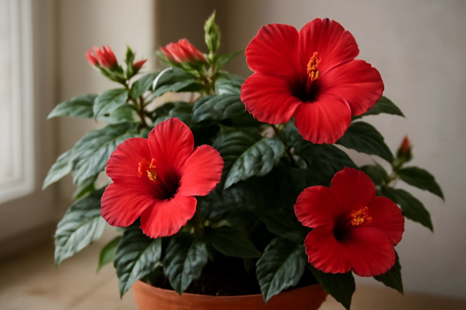 Egy csodás hibiszkusz növény, élénk piros virágokkal és zöld levelekkel.