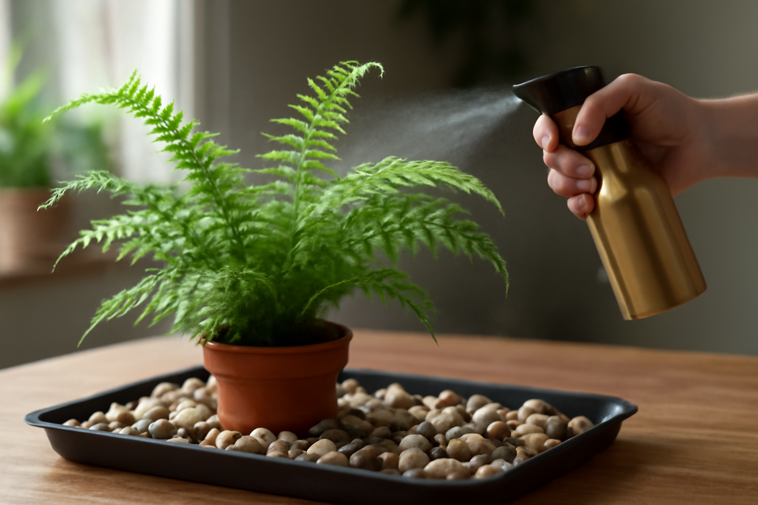 Egy zöld páfrányt permeteznek vízzel, kavicságyon áll.