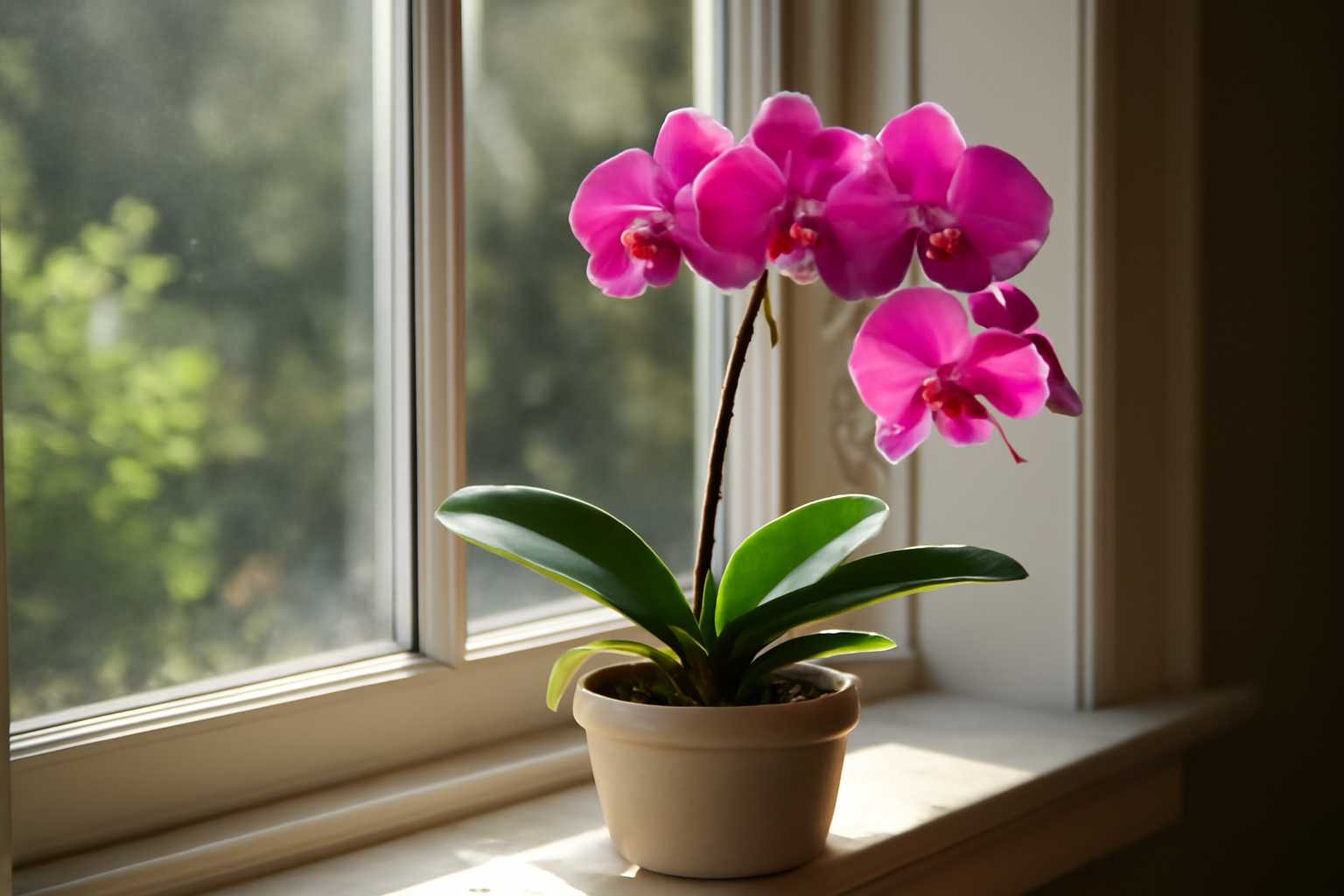Egy szobai orchidea virágzik a déli ablakban, gyönyörű rózsaszín virágokkal.