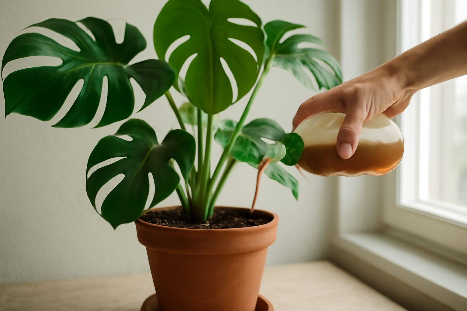 Egy kéz tápoldatot önt egy Monstera növényre, amely egészséges levelekkel rendelkezik.