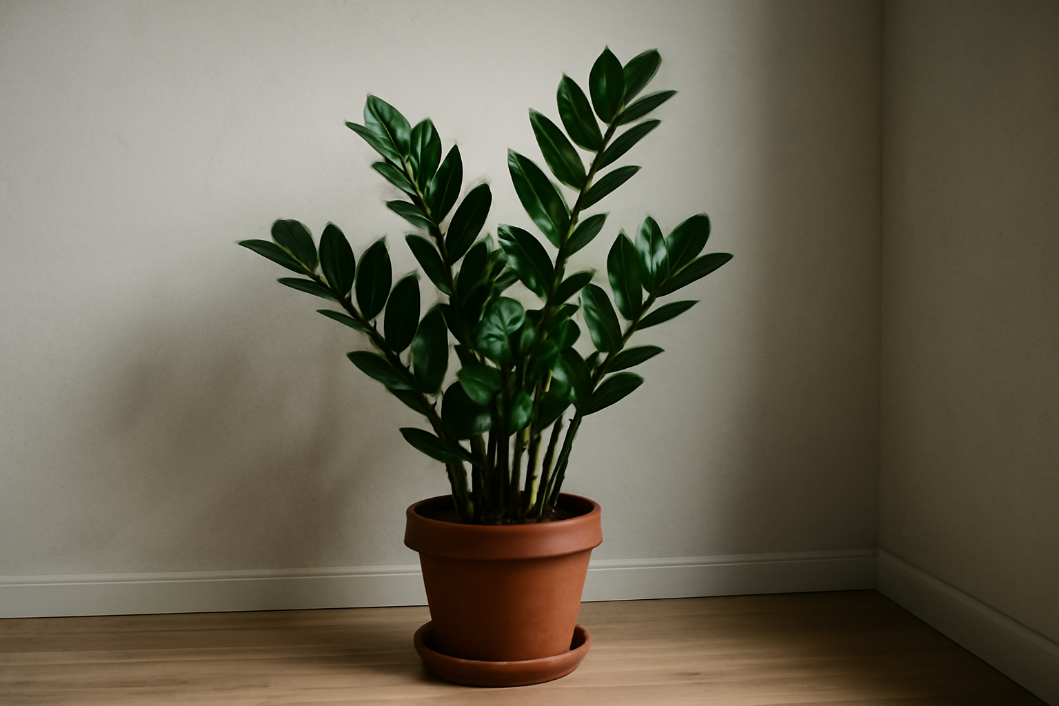 Egy zamioculcas szobanövény, zöld levelekkel, terrakotta cserépben, sötét sarokban.