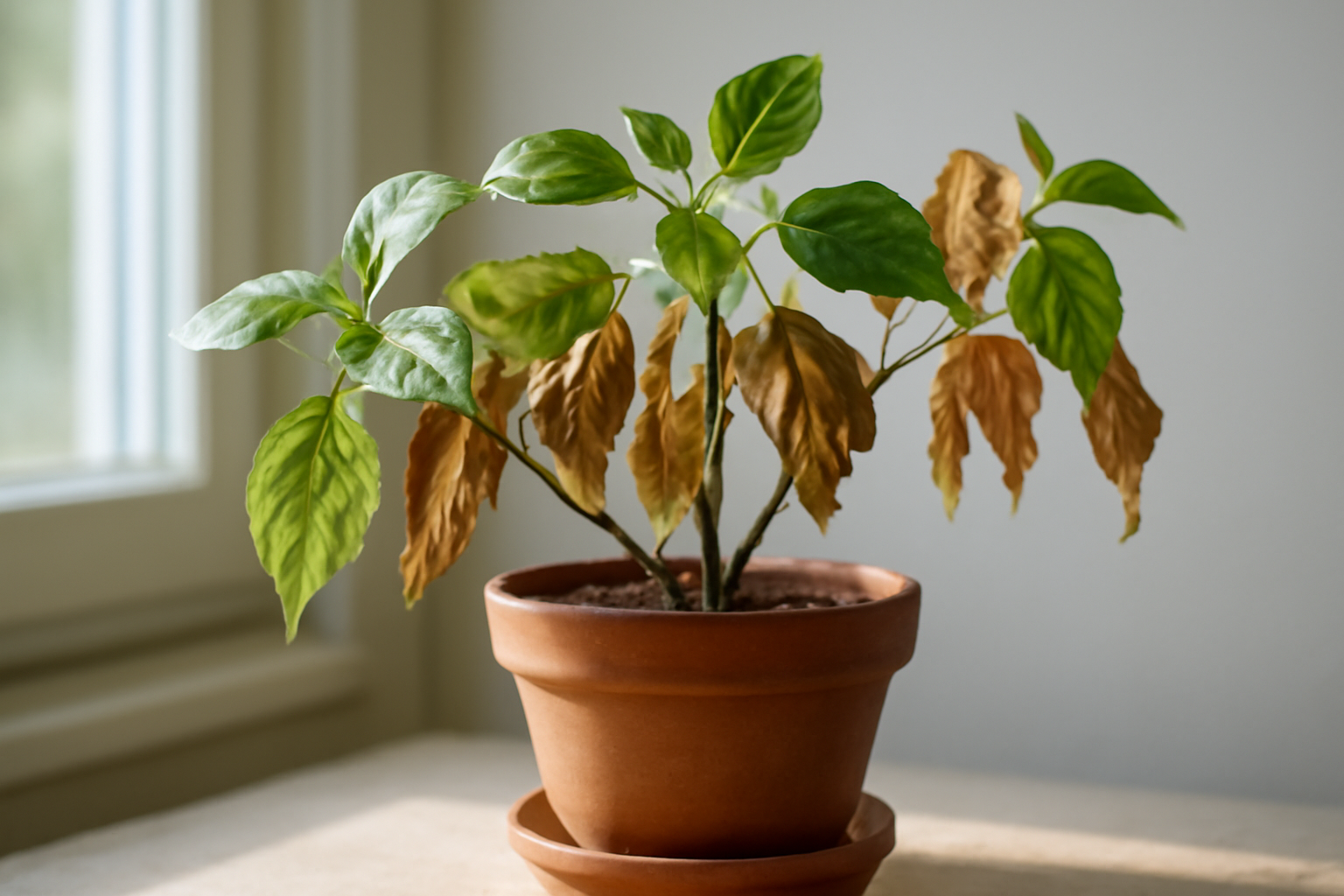 Egy hibiszkusz növény, zöld és sárgásbarna levelekkel, cserépben.