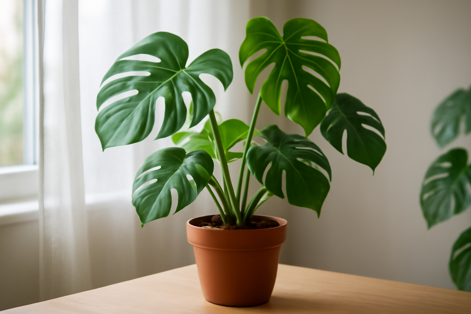 Egy egészséges Monstera növény zöld levelekkel, világos háttér előtt.