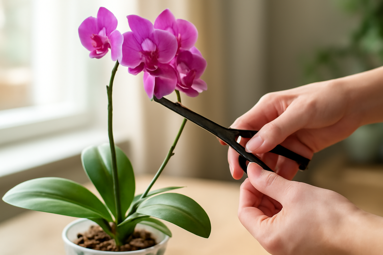 Egy kéz orchidea virágszárát vágja le ollóval, a növény zöld levelei mellett.