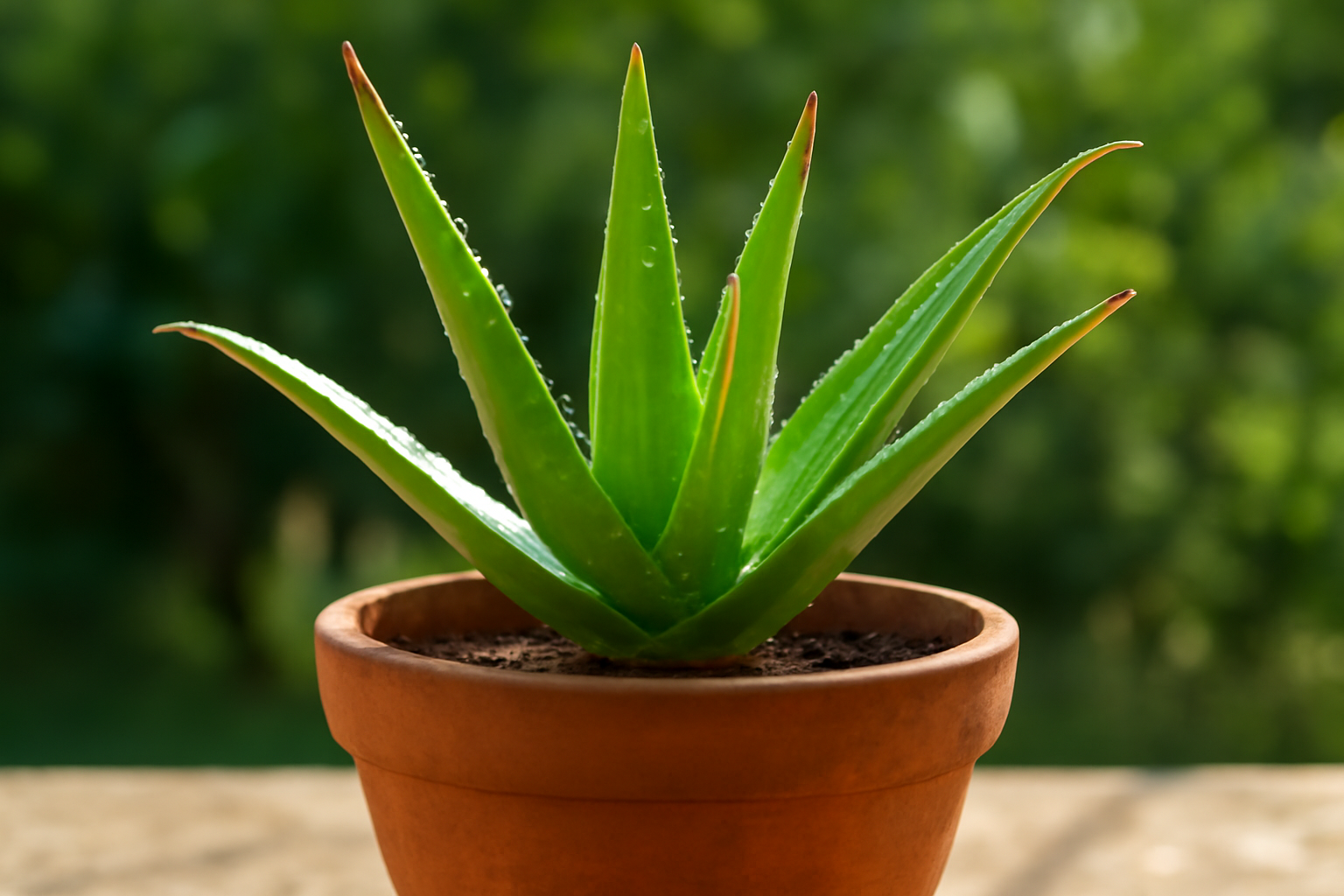 Egy egészséges aloe vera növény, zöld levelekkel, terrakotta cserépben.