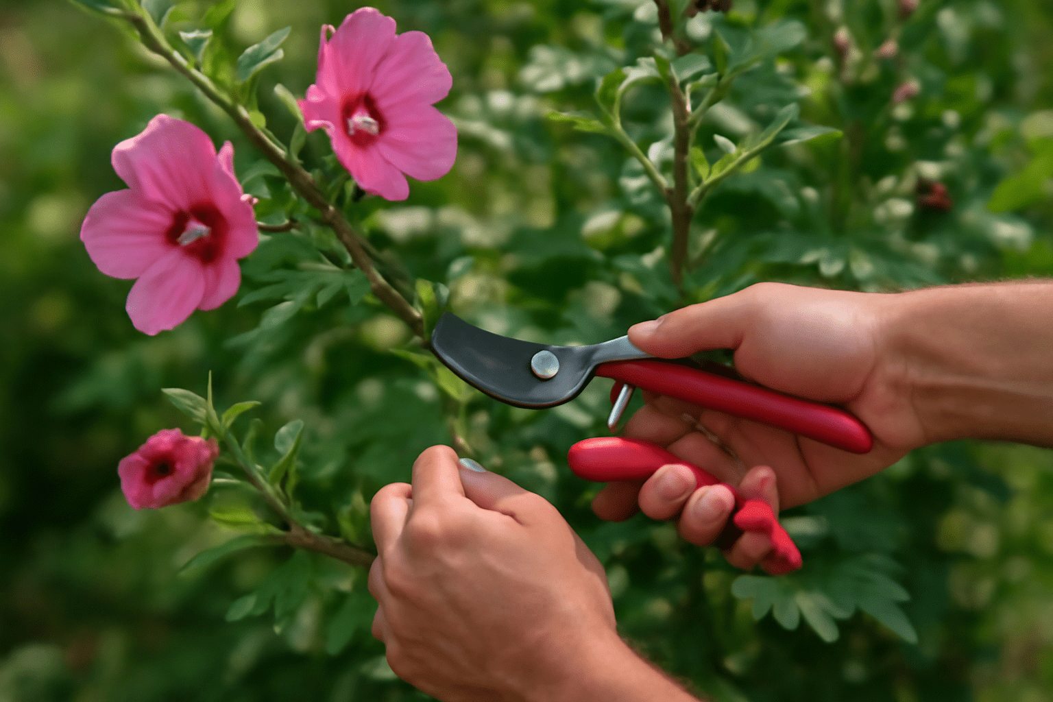 Két kéz metszőollót használ a hibiszkusz virágzásának elősegítésére.