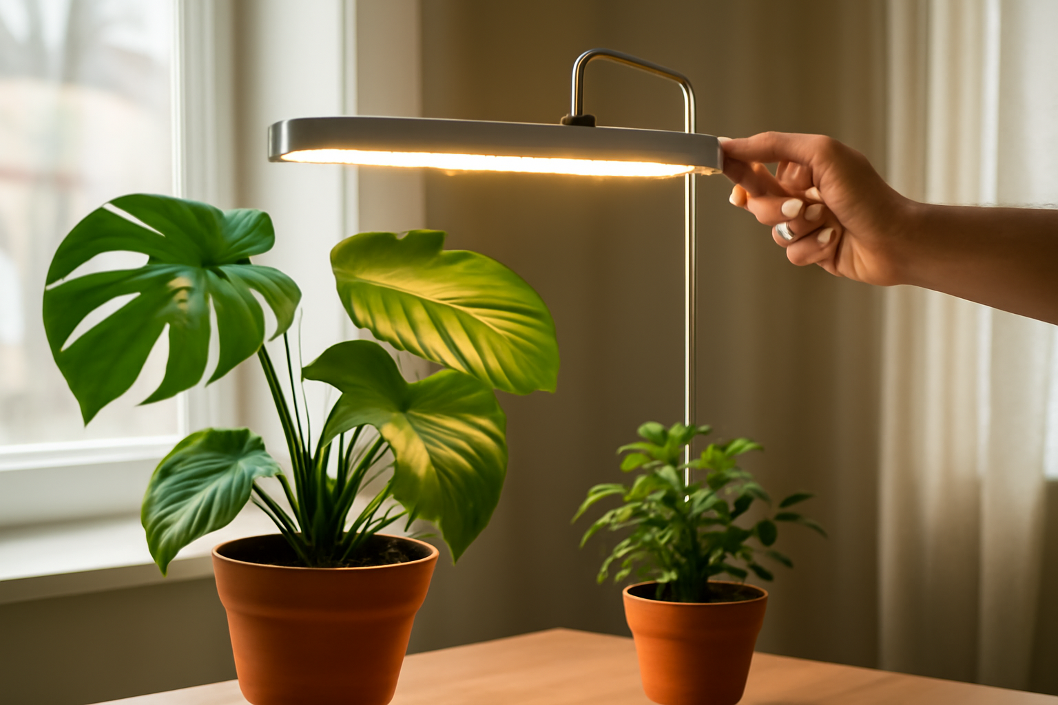 Egy kéz LED növénylámpát állít be két szobanövény felett, az ablak mellett.