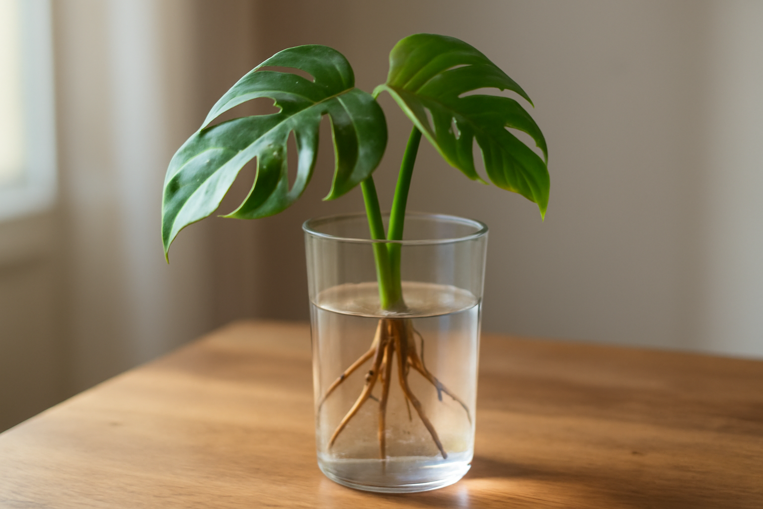 Egy monstera növény léggyökerei vízben, üvegben elhelyezve, zöld levelekkel.