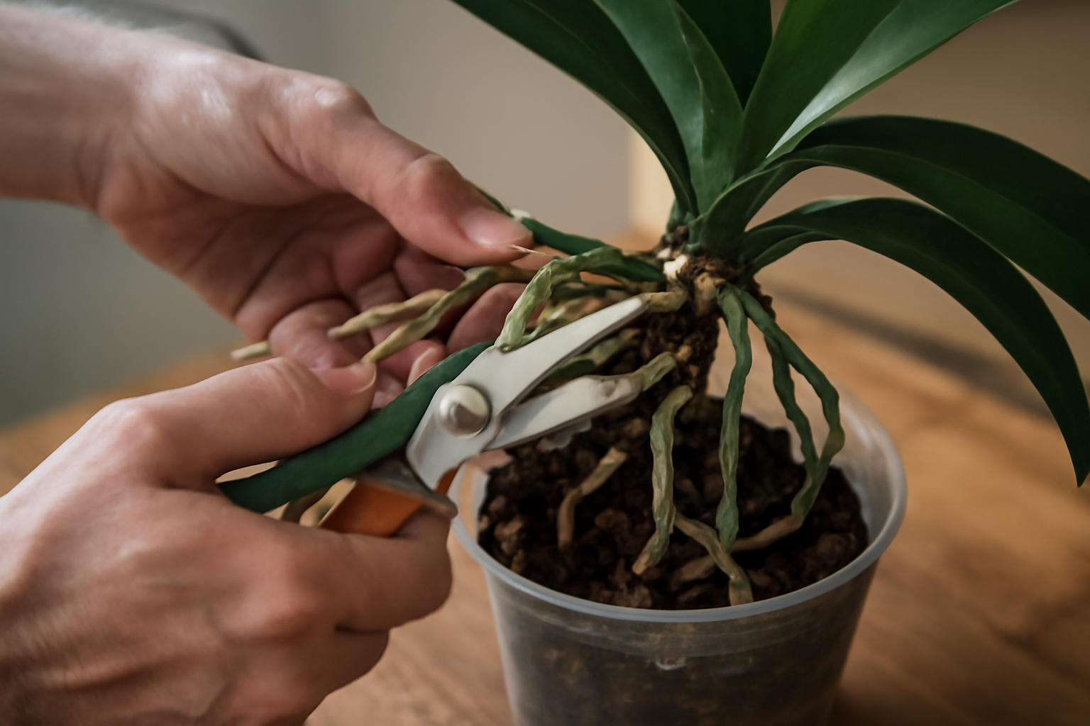 Kézben tartott metszőollóval orchidea gyökereit metszi egy gondozó.