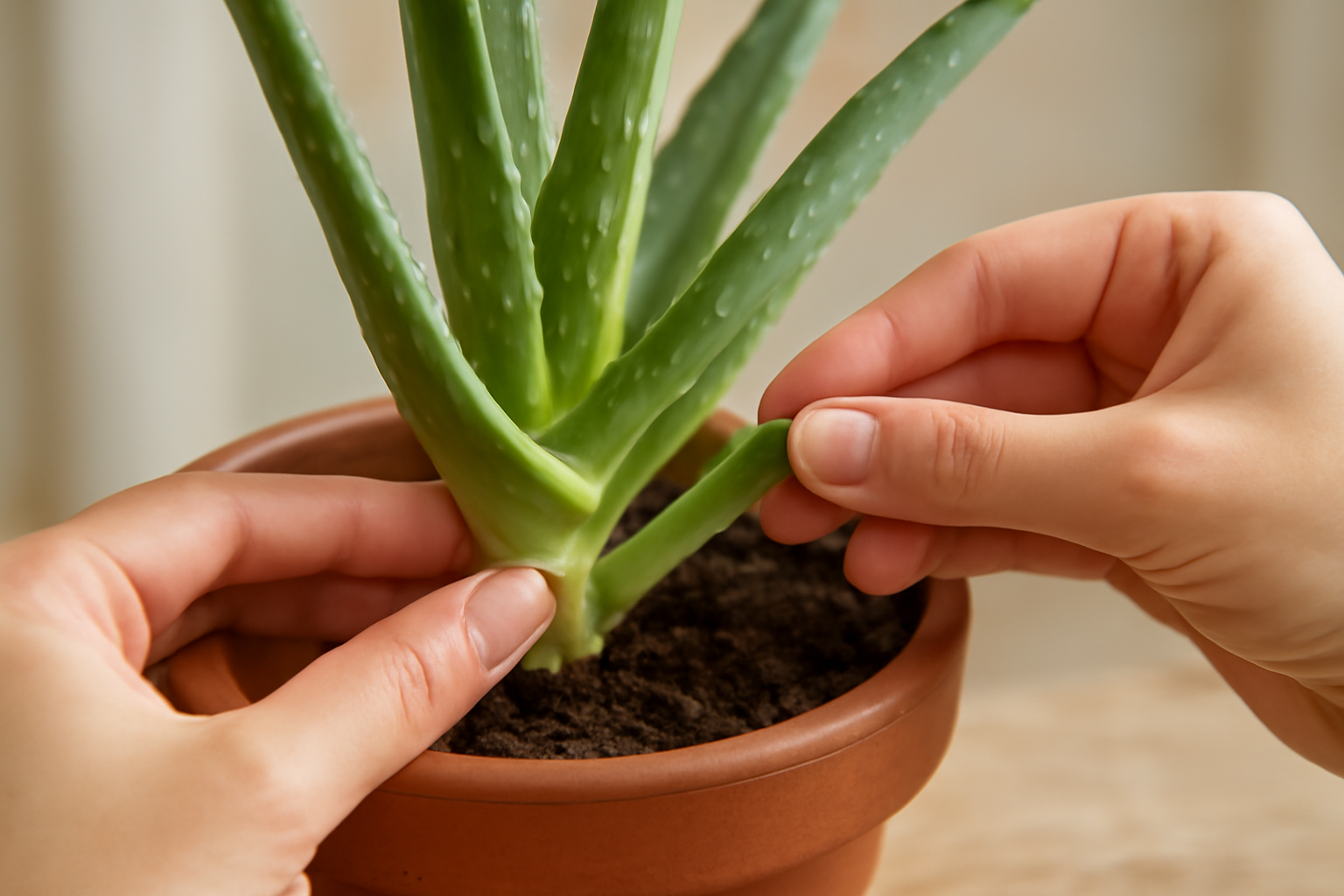 Két kéz aloe vera sarjat leválaszt a cserépből, a növény egészséges és zöld.