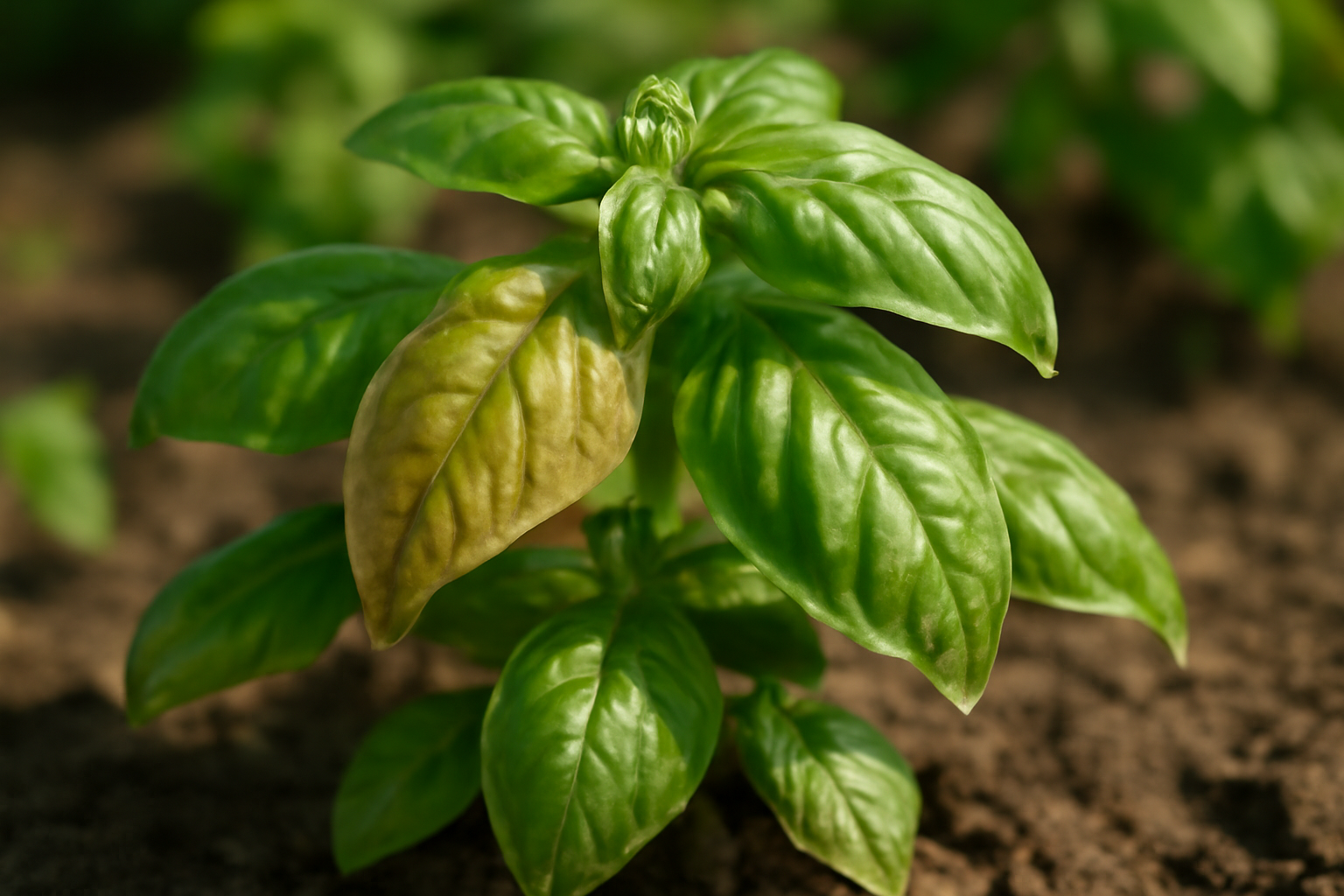 Egy bazsalikom növény, amelynek levelei között sárgulás látható, jelezve a hőstresszt.