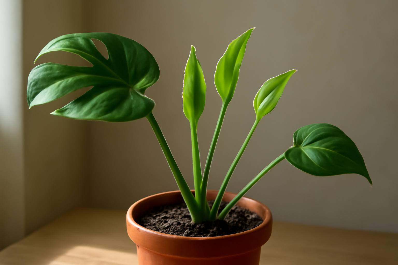 Egy fiatal monstera növény, új levelekkel, világos háttér előtt.