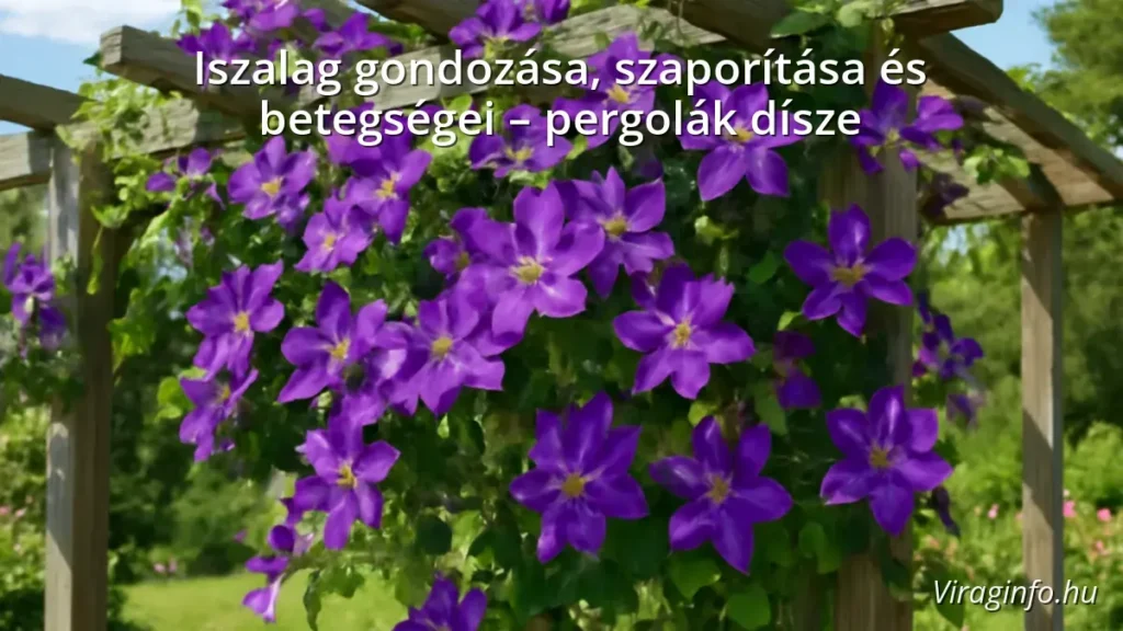 Iszalag növény lila virágokkal egy pergolán a kertben
